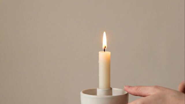 Candle being held with flame in simple holder on neutral background  