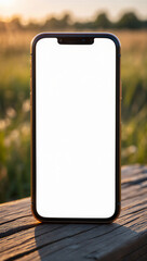 Blank Smartphone Mockup Screen Wood Table Outdoor Sunset