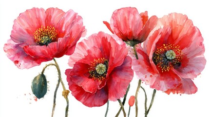 Obraz premium Watercolor Painting Of Red Poppy Flowers In Bloom With Delicate Petals And Detailed Centers On White Background Botanical Artistic Illustration Artwork