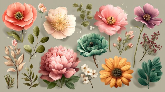 Detailed botanical raster illustration of colorful flowers and leaves including peonies, daisies, poppies in vibrant shades 