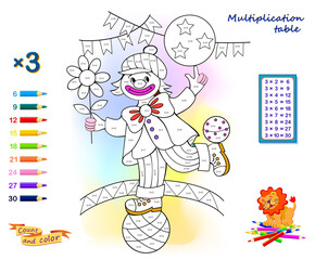 Coloring book with multiplication table. Math education for kids with multiplication by 3. Solve examples and paint the clown. Educational game. Worksheet for children textbook. Hand drawn vector.