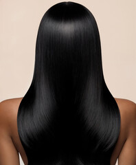 Glossy Straight Black Hair From Back on Dark Skin Model &ndash; Studio Beauty Shot