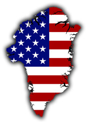 Illustration of Greenland map with US flag as background as USA wants to acquire it