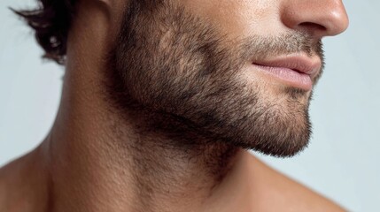 Obraz premium Close-up of a Young Man With Facial Hair Showcasing a Well-Defined Jawline and Healthy Skin Tone, Highlighting Grooming and Modern Style