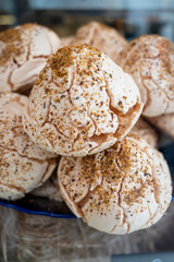 Meringue on display in confectionery shop, type of dessert or candy, of French origin, traditionally made from whipped eggwhites and sugar, Paris