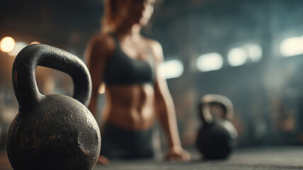 Focused fitness journey in a home workout space with kettlebells
