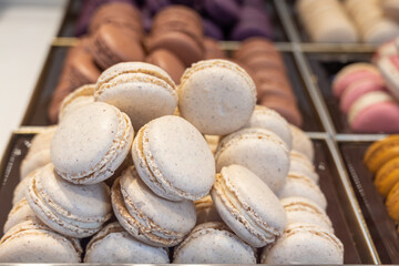 Macaron or French macaroon sweet meringue-based confection made with egg white, icing sugar, granulated sugar, almond meal, and often food colouring