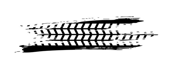 Tire tread marks, wheel textures, tire marks - car racing, motocross, drift, rally, off-road and others. Vector black isolated texture in grunge style with splashes.