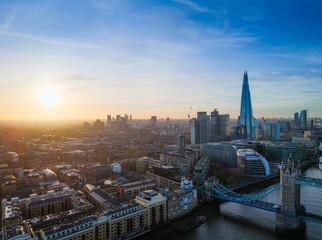 London city skyline panorama. Aerial drone view of panoramic background of London. Iconic skyline with skyscrapers, river Thames, historic landmarks