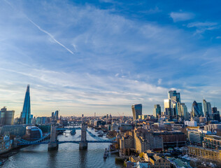 London city skyline panorama. Aerial drone view of panoramic background of London. Iconic skyline with skyscrapers, river Thames, historic landmarks