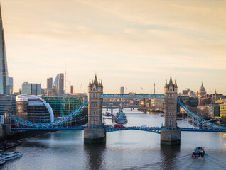 Tower Bridge. Aerial drone photo. Close-up of London Tower Bridge panorama at sunset