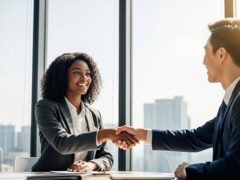 Professional business handshake between a Black woman and a colleague in a modern office. Ideal for leadership blogs, recruitment ads, corporate news, and diversity in the workplace.