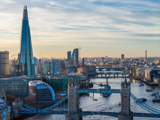Aerial drone view of The Shard in London skyline - iconic skyscraper rising above the city panorama during a sunset
