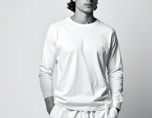 Plain white long-sleeve t-shirt on a male model, showcasing comfortable and versatile casual wear. Ideal for layering or everyday relaxed fashion with a minimalist aesthetic