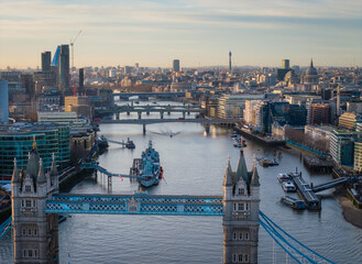 London city skyline panorama. Aerial drone view of panoramic background of London. Iconic skyline with skyscrapers, river Thames, historic landmarks
