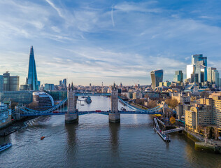 London city skyline panorama. Aerial drone view of panoramic background of London. Iconic skyline with skyscrapers, river Thames, historic landmarks