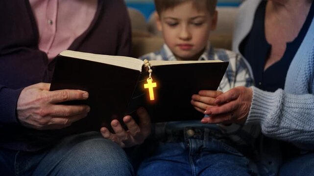 Boy and grandparents reading Bible with glowing cross, the power of daily prayer