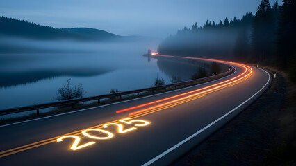 Obraz premium Image 1 (road at dusk with 2025 painted on road and light trails) Title: Dusk Highway with 2025 Painted on Road and Long-Exposure Light Trails — Atmospheric Lakeside Twist-Road New Year Transition Con