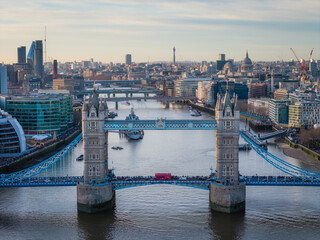 Tower Bridge. Aerial drone photo. Close-up of London Tower Bridge panorama at sunset