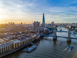London city skyline panorama. Aerial drone view of panoramic background of London. Iconic skyline with skyscrapers, river Thames, historic landmarks