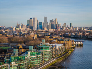 London city skyline panorama. Aerial drone view of panoramic background of London. Iconic skyline with skyscrapers, river Thames, historic landmarks