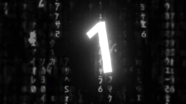 Digital countdown number 5 to 0 abstract code rain background, futuristic countdown video for technology intros, events, trailers, and motion graphics