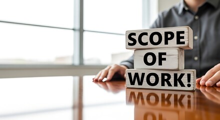 Businessman with Scope of Work sign on a wooden table in an office setting.