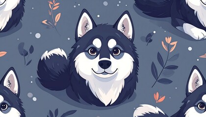 Adorable cartoon dog faces in a repeating pattern against a muted blue backdrop, interspersed with simple floral accents