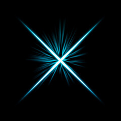 Blue glowing light cross burst on black background