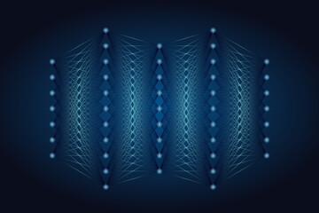 Neural network structure on dark background with bright connections and layers, showcasing deep learning, AI innovation, and advanced computational technology.