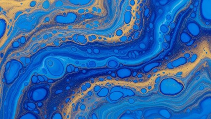abstract liquid acrylic painting with blue and gold cells. Perfect for website backgrounds, luxurious brand packaging, modern interior art prints, and creative digital presentations.