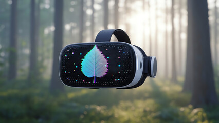 Virtual reality headset displaying colorful leaf design in forest  