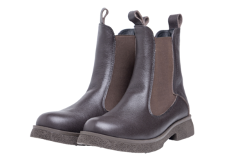 Pair of brown leather chelsea boots with transparent background