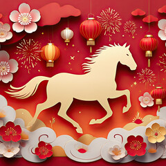 Chinese New Year 2026, Year of the Horse Lunar New Year red and gold cover, Year of the Horse banner with gold horse, traditional Chinese elements, flowers, lanterns and fireworks