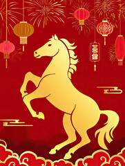 Chinese New Year 2026, Year of the Horse Lunar New Year red and gold cover, Year of the Horse banner with gold horse, traditional Chinese elements,  lanterns and fireworks