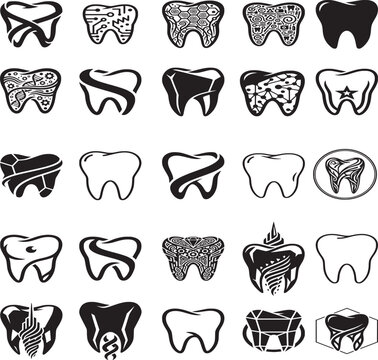 25 dental icon set for teeth care in various styles.