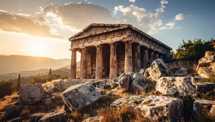 Obraz premium buried prehistoric temple emerging after landslide, raw stone textures visible