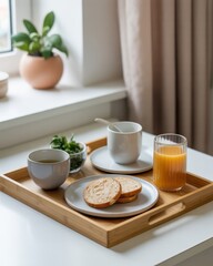 Breakfast Tray Arrangement featuring a breakfast tray with simple healthy items, created as a calm neutral scene for healthy eating, diet and lifestyle visuals 