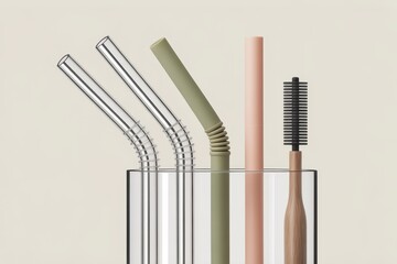 Reusable drinking straws and a cleaning brush arranged in a clear glass on a light background. Metal, silicone, and plastic straws shown upright in a minimal studio setting. 