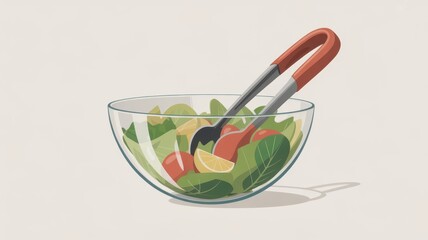 Illustration of a glass bowl with fresh green salad, cherry tomatoes, lemon slice, and serving tongs on a light background.