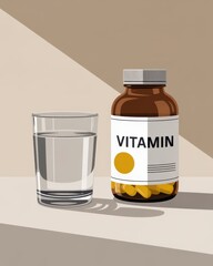 Illustration of a brown vitamin bottle with yellow capsules and a clear glass of water on a neutral background.