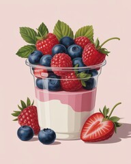 Illustration of a dessert with layered yogurt in a transparent plastic cup topped with raspberries, blueberries, and mint leaves on a light background.