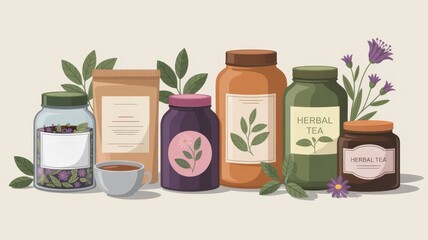 Illustration of assorted herbal tea jars, paper packaging, and a cup with leaves and flowers on a light background with copy space.