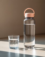 A transparent reusable water bottle and a glass filled with water on a wooden surface with soft light and copy space.