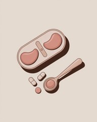 Illustration of cosmetic eye patches, capsules, and a small spoon arranged on a light neutral background with copy space.