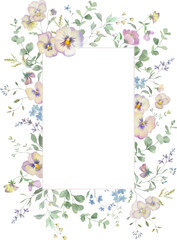 Watercolor pansies and viola wildflowers floral frame. Botanical background. Hand drawn illustration. Vector EPS.