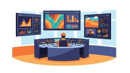 Modern vector illustration of mining control room with operators and digital screens, ideal for modern mining technology and industry management visuals