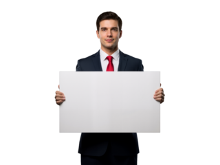 Confident businessman in navy suit holds blank white board against black backdrop—ideal for custom messages. Professional, poised, and ready to present. Perfect for ads, corporate branding, or politic
