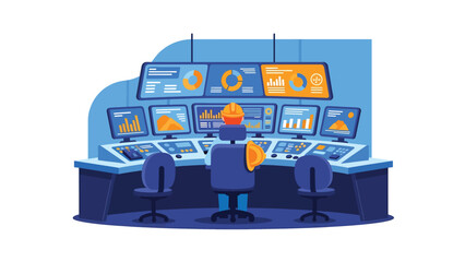 Modern vector illustration of mining control room with operators and digital screens, ideal for modern mining technology and industry management visuals