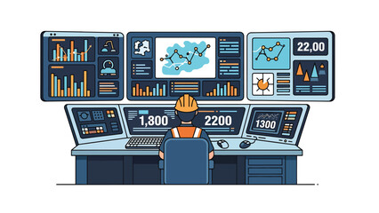 Modern vector illustration of mining control room with operators and digital screens, ideal for modern mining technology and industry management visuals